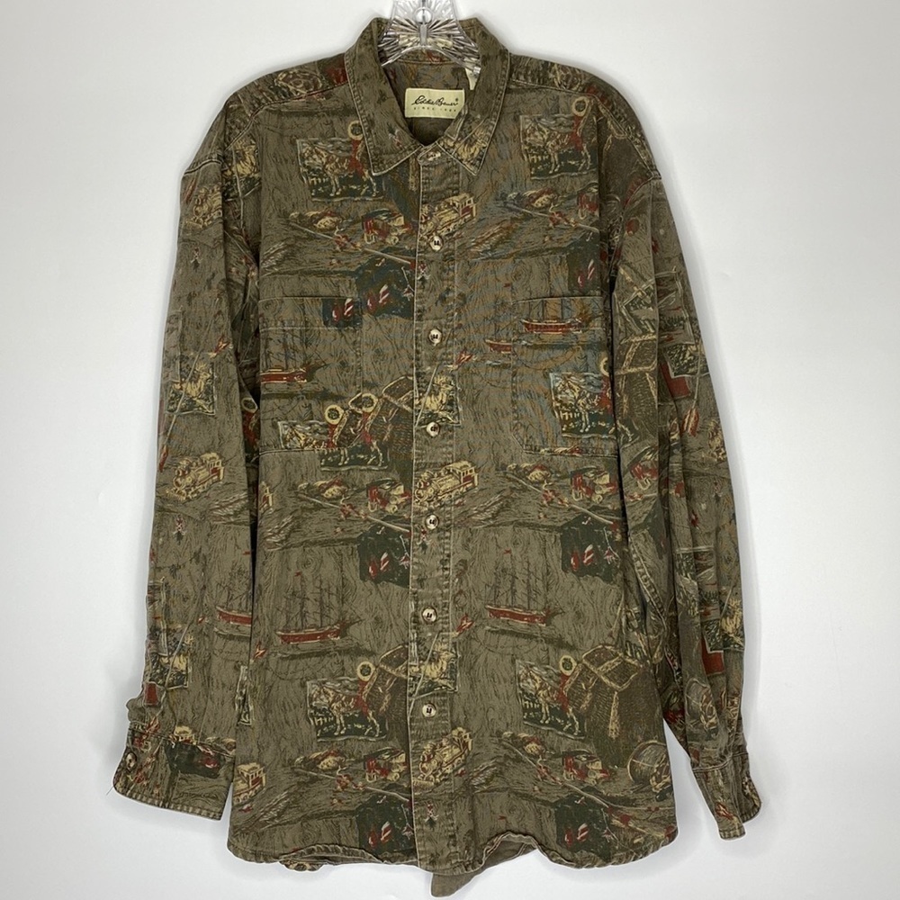 Vintage Eddie Bauer Elkhorn Elk Canvas Button Up Long Sleeve Shirt XL